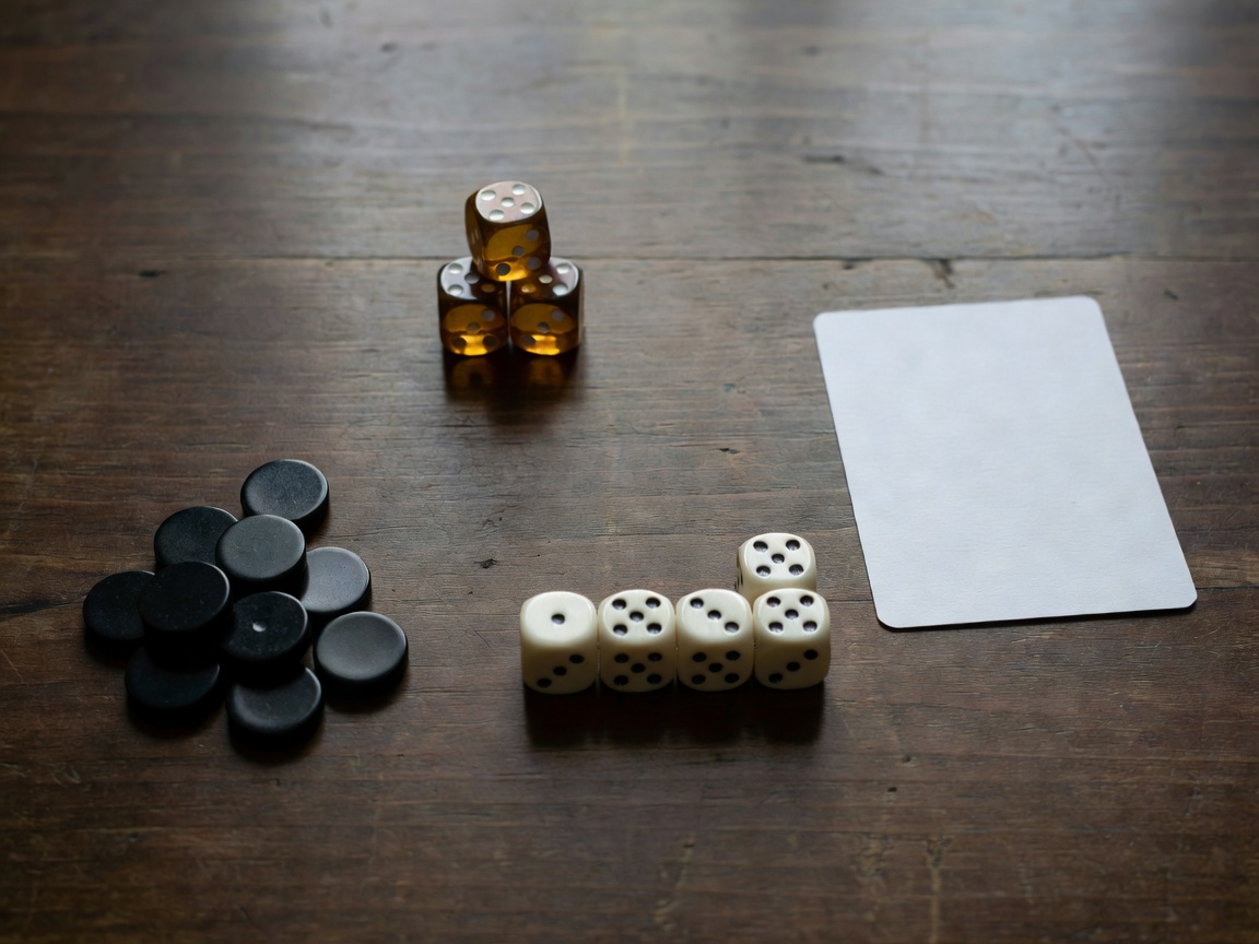 A deliberate triangular grouping of dice and tokens with a larger gap before a nearby card