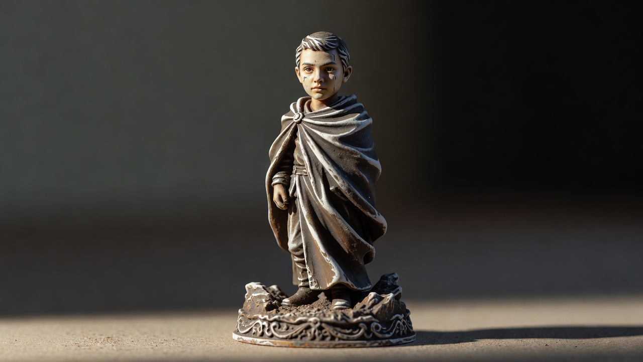 Small unbranded painted figure with directional side light revealing its face, cloak and sculpted base