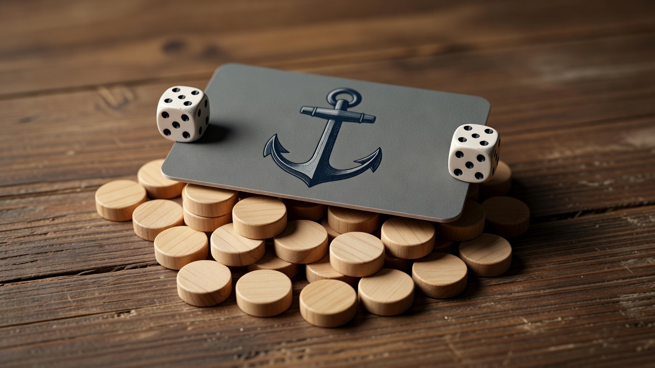 A single anchor card supported by two dice and a measured cluster of wooden tokens